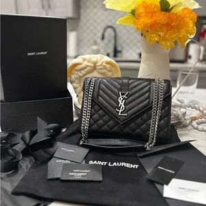 Yves Saint Laurent Envelope Medium Chain Shoulder Bag Black Silver